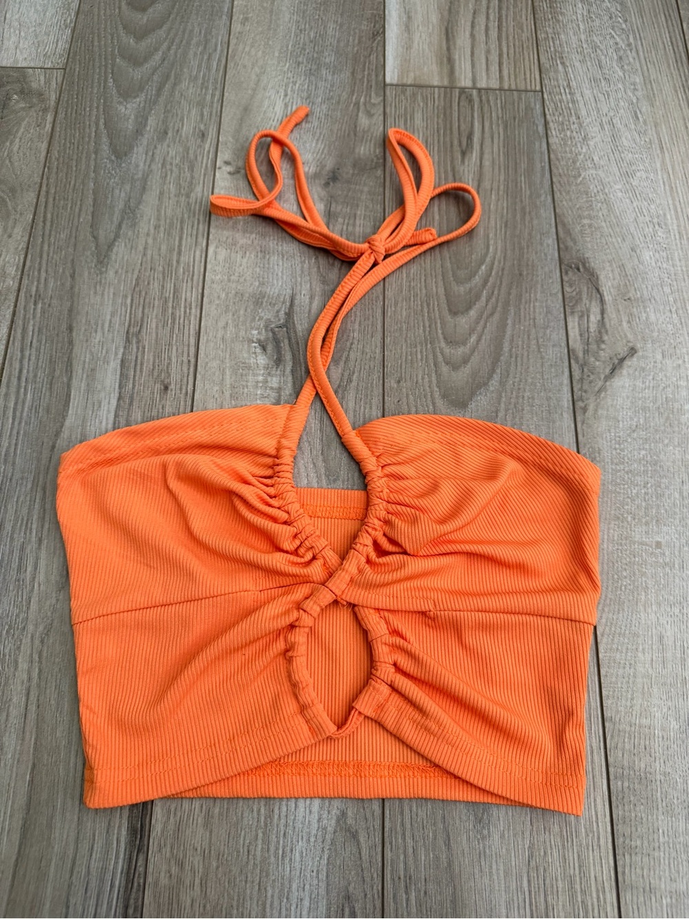 SHEIN Orange Ruched Cutout Halter Crop Top